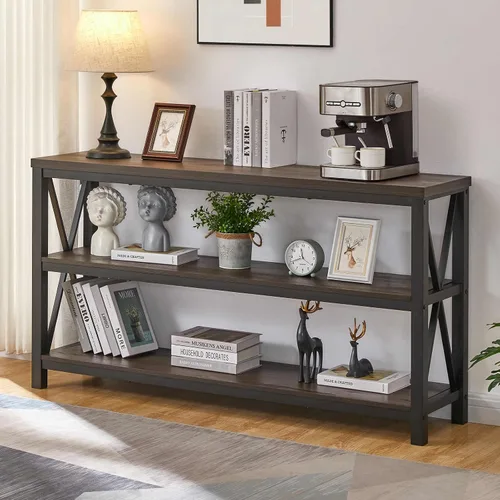 Vista 14 de Mesa consola para entrada, mesa de sofá larga con estantes debajo de la ventana, mesas de pasillo de madera y metal para vestíbulo