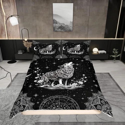 Vista 27 de Juego de ropa de cama de animales de gato misterioso, bohemio, exótico, tribal, abstracto, arte abstracto, juego de funda de edredón para decoración