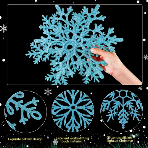Vista 3 de Sratte Paquete de 12 adornos de copos de nieve grandes con purpurina de 12 pulgadas, decoración gigante de plástico para colgar en invierno