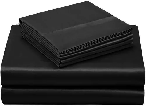 Vista 8 de TREELY Juego de sábanas de satén de 4 piezas tamaño individual – Juego de sábanas suaves y sedosas con bolsillo profundo, sábana bajera, sábana Negro