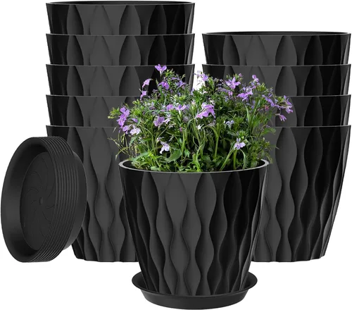Vista 12 de Paquete de 6 macetas de 7 pulgadas con drenaje y platillos, macetas de plástico multicolor para plantas de interior y exterior, macetas apilables