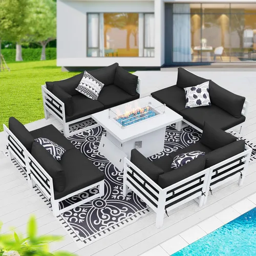 Vista 56 de BULEXYARD - Sofá modular de aluminio para exteriores con mesa para fogata, 7 piezas, color verde azulado