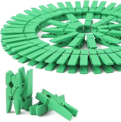 Vista 2 de HSTECH 100 piezas de mini pinzas de madera natural verde y 25 m de cuerda de yute, pinzas para ropa de bebé, pinzas de 3.5 cm para manualidades