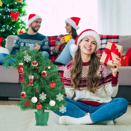 Vista 6 de CCINEE - Árbol de Navidad artificial de 2 pies, verde, mini, plegable, con bisagras, para mesa, con soporte de plástico, 120 puntas de rama