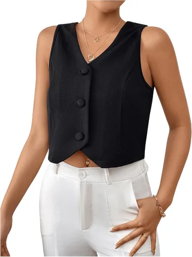 Vista 4 de GORGLITTER Chaleco con botones para mujer, chaleco corto sin mangas, blazer