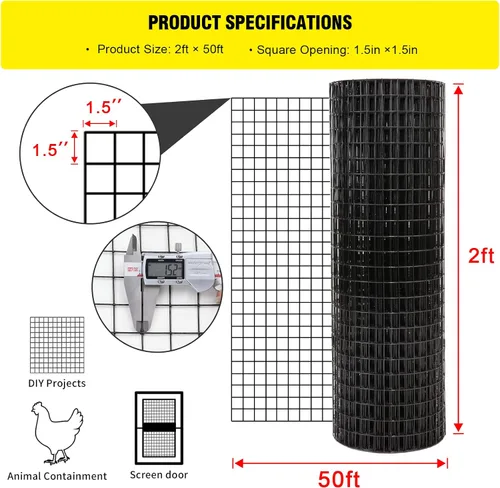 Vista 2 de Tela metálica de 24'' x 50' de 1.5 pulgadas, calibre 16, malla soldada con revestimiento de vinilo negro para cercas del hogar y jardín y proyectos