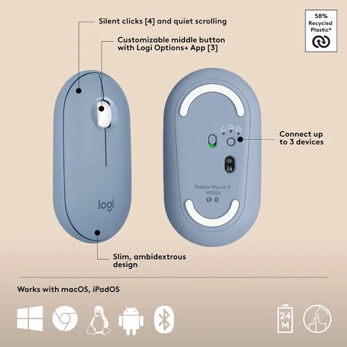 Vista 7 de Logitech Pebble 2 Combo para Mac, Teclado y Mouse Inalámbricos, Delgado, Silencioso y Portátil, Personalizable, Mouse y Teclado Bluetooth