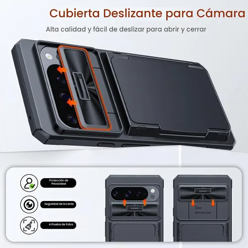 Vista 4 de CENMASO - Funda para Google Pixel 9 Pro XL con tarjetero (4 tarjetas), funda deslizante para cámara y función atril, bloqueo RFID, protección