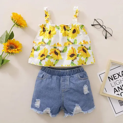 Vista 2 de Bebé Niña Estampado Floral Con Volantes Tirante Crop Top+Azul Pantalones Cortos De Mezclilla Con Agujeros Verano 2 Piezas Trajes Conjuntos De Ropa