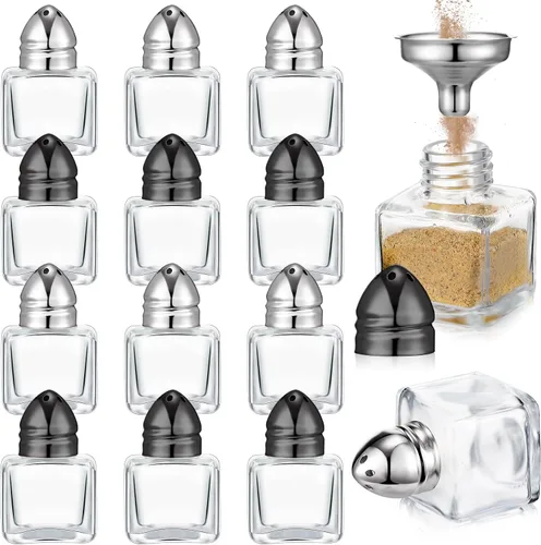 Vista 15 de Uiifan 12 piezas 0.5 oz pequeños saleros y pimenteros de forma cúbica con tapas tonalizadas, frascos de condimento de vidrio transparente mini