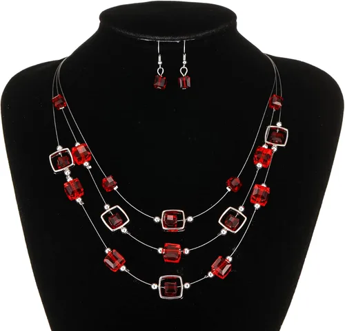 Vista 4 de Collar de cuentas de plata en capas para mujer, cuentas de cristal cuadradas, collar y aretes, disfraces de moda, conjuntos de joyas para mujer