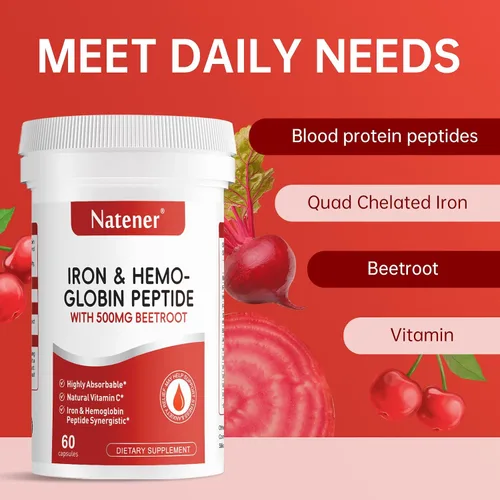 Vista 3 de Suplemento de hierro de 36 mg con 500 mg de remolacha, hierro quelado cuádruple y péptido de hemoglobina sinérgica – Absorción mejorada sin efectos