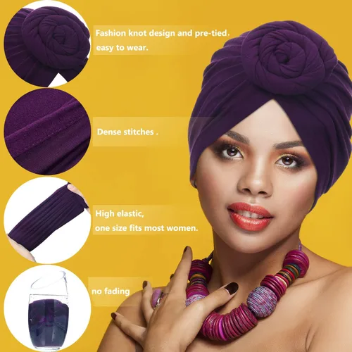 Vista 2 de SATINIOR 6 piezas de turbante africano con nudo de flor pre-atado para mujer