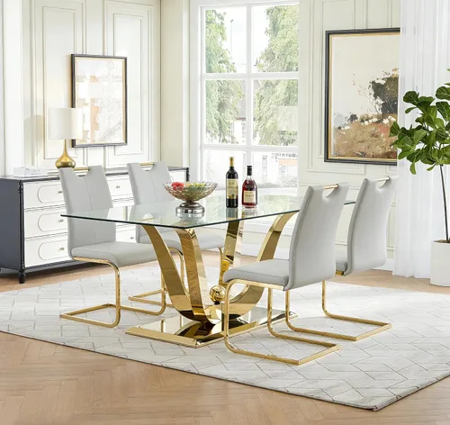 Vista 56 de Juego de mesa de comedor de vidrio de 70 pulgadas para 4, mesa rectangular de cristal dorado con 4 sillas de piel sintética, juego de mesa de Mesa