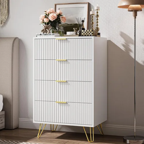 Vista 17 de MAISONARIA Cómoda negra de 3 cajones para dormitorio, cómoda moderna de armario, cómoda acanalada con asas de metal dorado, mesita de noche