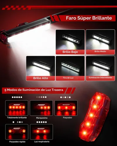 Vista 2 de Luces de bicicleta para montar de noche, luz trasera delantera recargable por USB, juego de faros de bicicleta, luz de aluminio, IPX5 impermeable