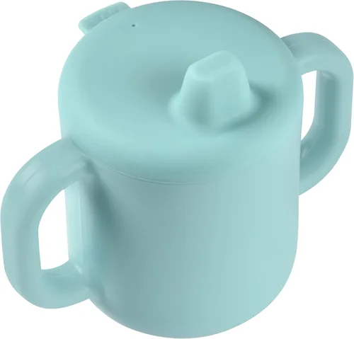 Vista 2 de BEABA - Vaso de entrenamiento de silicona, suave e irrompible, tapa a prueba de fugas, asas anchas ergonómicas, 5.5 onzas (lluvia)