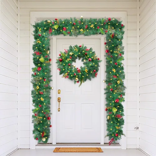 Vista 7 de Guirnalda de Navidad de 9 pies con luces, guirnalda iluminada que funciona con baterías con piñas, bayas rojas, ramas frondosas, 50 luces LED, 8