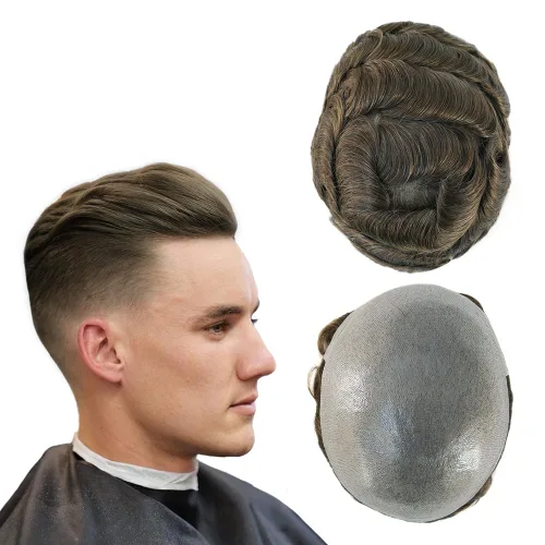 Vista 9 de Super Natural Mens Hair Piece 100 Cabello humano indetectable Mens Toupee Hair Systems Ultra Thin Skin V Looped Hair #10R WXL=8X10