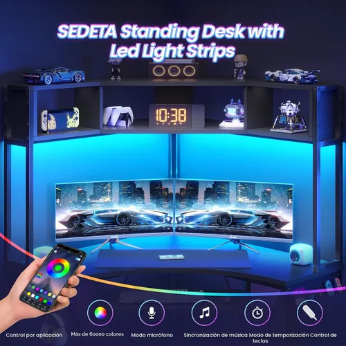 Vista 8 de SEDETA Escritorio esquinero, 39 pulgadas de ancho x 62 pulgadas de alto, escritorio de oficina pequeño con gabinete y luces LED, escritorio Negro
