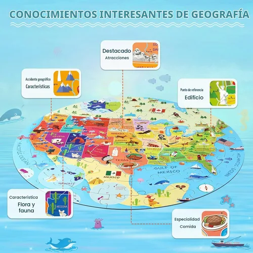 Vista 3 de DIGOBAY Rompecabezas de Estados Unidos de 70 piezas con mapa de Estados Unidos rompecabezas de suelo para niños de 4 a 10 años, rompecabezas redondo