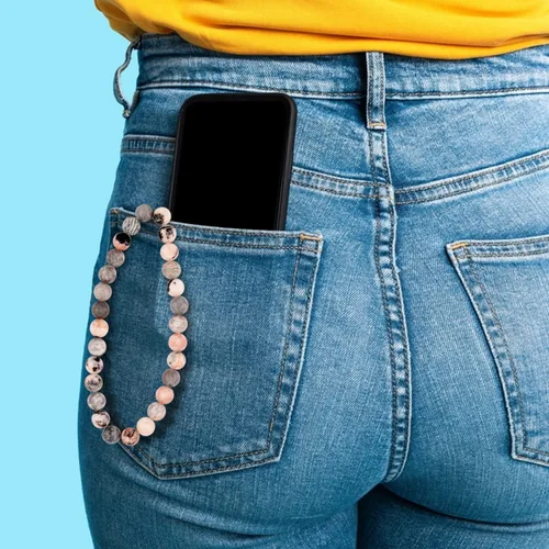 Vista 3 de Llavero de muñeca con cuentas, pulsera de piedra natural para mujer, amazonita Correa de muñeca para llave de coche, tarjetero y tarjetero