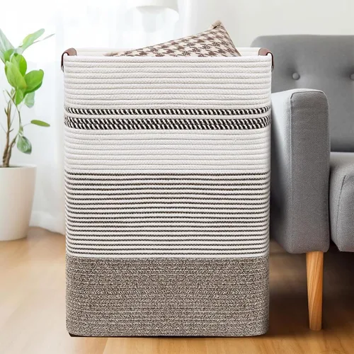 Vista 24 de DOFASAYI Cesta de lavandería grande de 72 litros con asas de cuero, cesta de almacenamiento decorativa para mantas, cesta de ropa para sala