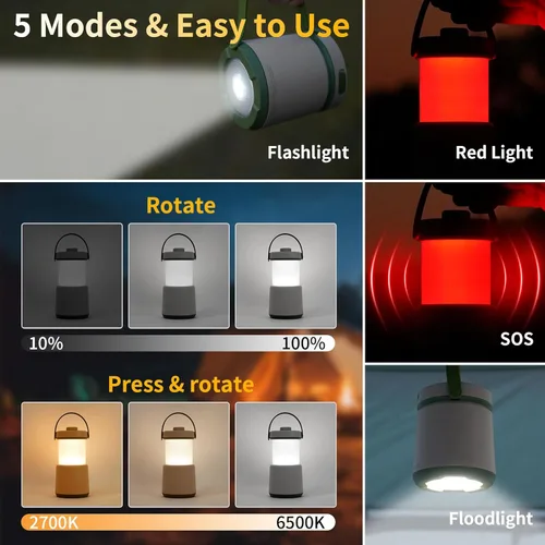 Vista 2 de Linterna LED de camping recargable, 800 lm, 230 horas de tiempo de funcionamiento, 5 modos de luz de campamento con luz roja, linterna impermeable