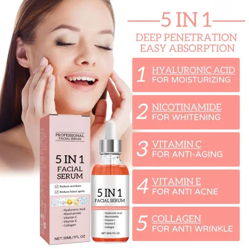 Vista 8 de Suero facial 5 en 1 con ácido hialurónico, niacinamida y vitamina C, suero antienvejecimiento para manchas oscuras, arrugas y acné, esencia de piel