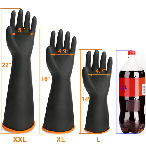 Vista 2 de Guantes Resistentes a Productos Químicos, 14" de Largo Negro Impermeables Resistentes a Álcali/Ácido/Aceite Reutilizables Guantes de Goma