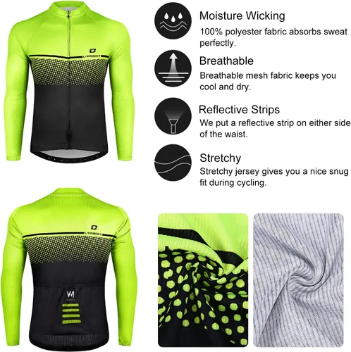 Vista 6 de Maillot de ciclismo para hombre, manga larga, con 3 bolsillos traseros, secado rápido, transpirable, para bicicleta