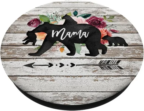 Vista 2 de Mama Bear - Agarre y soporte para teléfonos y tabletas con diseño de flores de acuarela de madera rústica, Negro