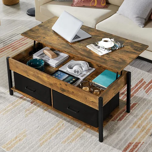 Vista 2 de Yaheetech Mesa auxiliar elevable con almacenamiento y 2 cestas de tela, mesa de centro de madera de 41.5 pulgadas para sala de estar y oficina