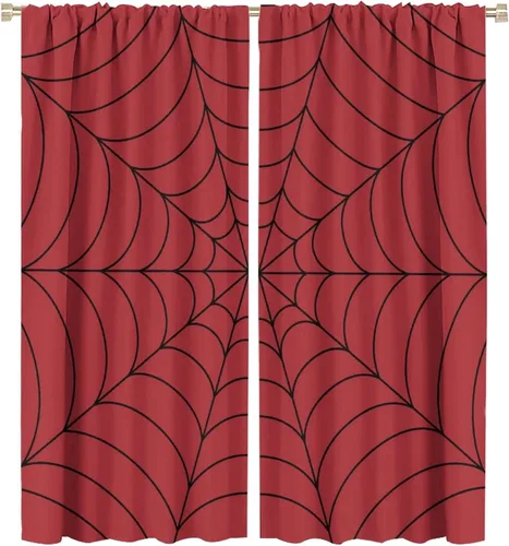 Vista 99 de Cortinas opacas de tela de araña aterradora para niños, tela de araña en blanco y negro, fondo rojo, dormitorio de niños, guardería, decoración