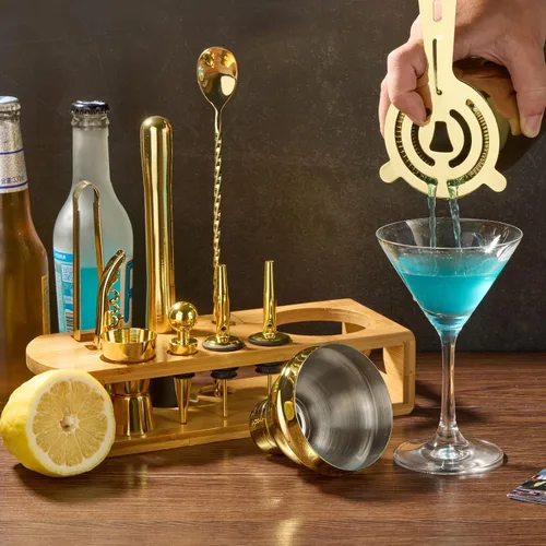 Vista 6 de Set de coctelera para barman: juego de 12 piezas de herramientas de bar con soporte de bambú Juego de barras con todos los accesorios prácticos