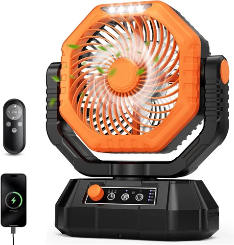 Vista 10 de AJVV Ventilador de camping con luz, control remoto y oscilación, ventilador colgante de tienda de campaña a batería, recargable portátil