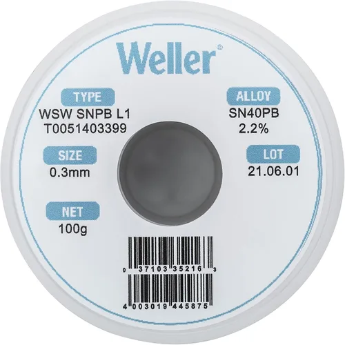 Vista 2 de Weller WSW SnPb (T0051403399) Alambre de soldadura, diámetro: 0.012 in / 0,012 pulgadas, peso: 100 g / 3,527 oz, aleación Sn60Pb40, contenido