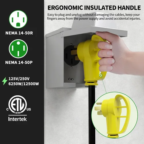 Vista 4 de POWGRN NEMA 14-50P a NEMA 14-50R Cable de extensión de alimentación de 50 amperios para RV/EV de 10 pies al aire libre con mango de agarre, cable