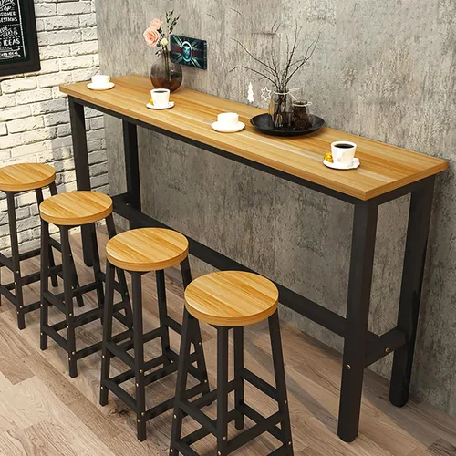 Vista 8 de Mesa de bar moderna, mesa de sofá de consola de madera, mesa de comedor larga para desayuno, mesa de bar de cocina, mesa de café, barandilla de Negro
