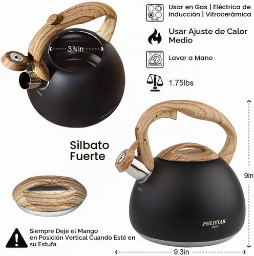 Vista 7 de POLIVIAR - Hervidor de té para estufa negro Ti, hervidor de té silbante de 2.7 cuartos de galón, tetera de acero inoxidable de grado alimenticio
