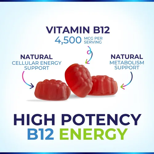 Vista 3 de Gomitas energéticas B12 – 4500 mcg de vitamina B12 por porción – Suplemento B12 masticable extra fuerte para energía, metabolismo y apoyo