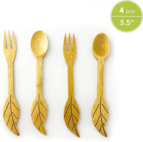 Vista 2 de JB Home Collection 4580 - Juego de 4 cucharas y tenedores reutilizables de bambú para aperitivo, frutas, postres, helado, yogur, especias, sal