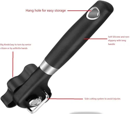 Vista 4 de Abrelatas manual con borde liso Abrebotellas de acero, herramienta de cocina con agarre antideslizante