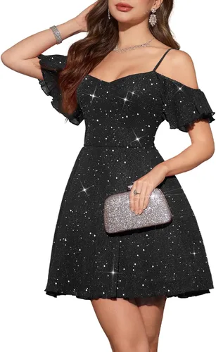 Vista 17 de Meetjen Vestido de cóctel formal brillante acampanado para mujer, vestido Azul marino