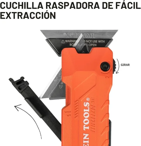 Vista 4 de Klein Tools 44306 FLICKBLADE - Cuchillo utilitario plegable 2 en 1 y raspador con almacenamiento de cuchillas integrado, posiciones de bloqueo