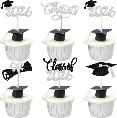 Vista 12 de 30 piezas de decoración para cupcakes de graduación para la clase de 2026 con purpurina brillante para el futuro diploma hecho 2026 Felicidades