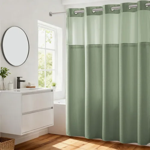 Vista 60 de Cortina de baño River Dream de gran peso sin ganchos necesarios con diseño de gofre punteado y forro a presión - 36W x 74H, de calidad hotelera