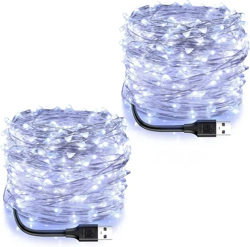 Vista 10 de Blingstar Luces de hadas alimentadas por USB, paquete de 2 unidades de 100 LED de 33 pies, cable plateado flexible, mini cadena de luces para el día