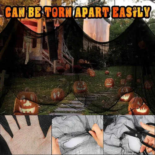 Vista 2 de Tela espeluznante negra de Halloween, 315 x 85 pulgadas, decoración de Halloween al aire libre, paño negro de gasa espeluznante, accesorios