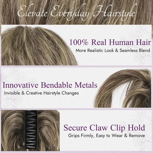 Vista 2 de BARSDAR 2 piezas de cabello desordenado de moño + clip de garra, extensión de cola de caballo de cabello humano corto con metales flexibles, marrón